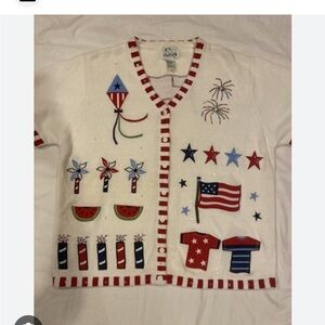 Vintage Quacker Factory short sleeved cardigan 4th of July USA fireworks